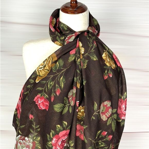 Large Square Brown Floral Roses Scarf Shawl Wrap 46x46 - Picture 5 of 10
